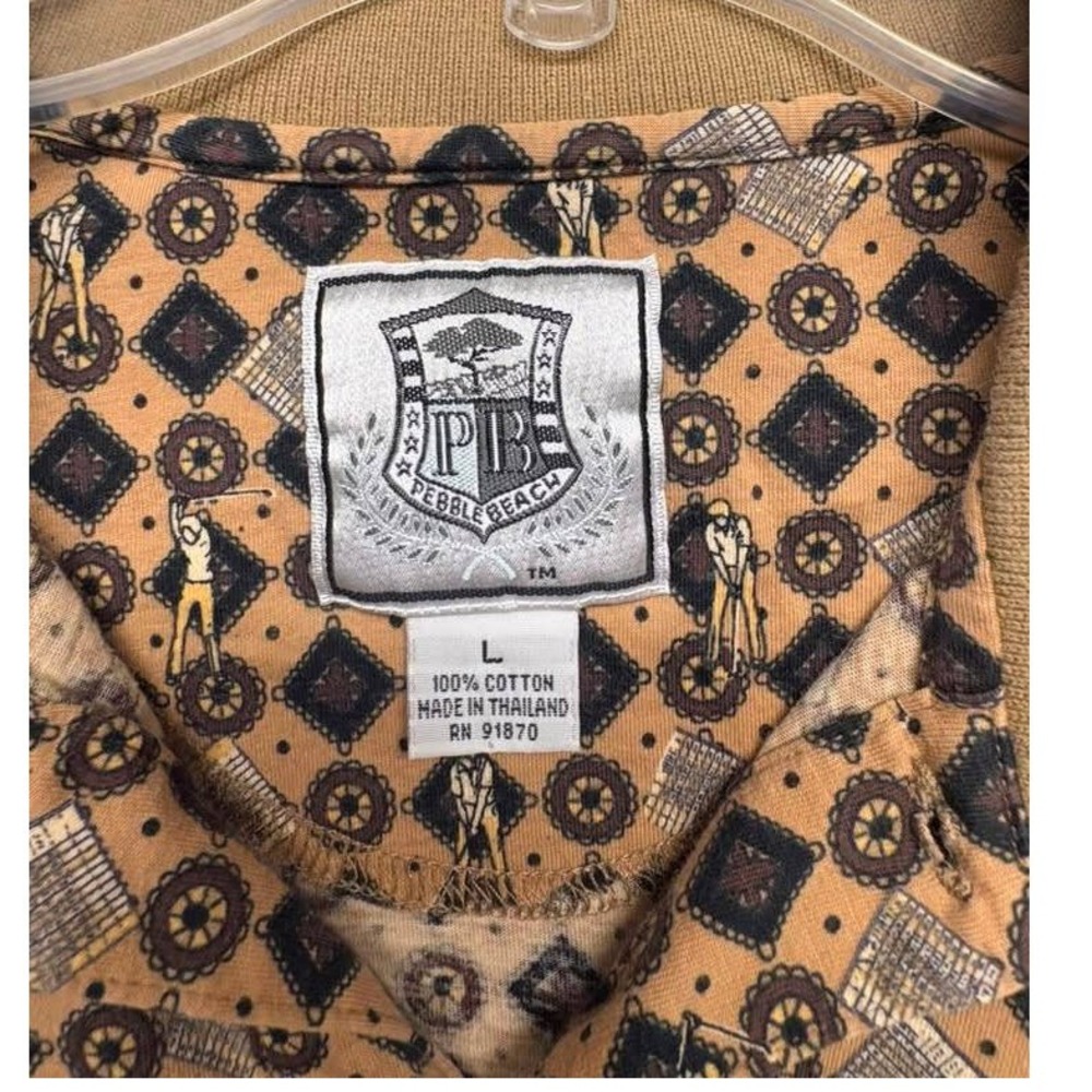 Pebble Beach Mens Large Tan Golf Print Polo Shirt 100% Cotton Short Sleeve